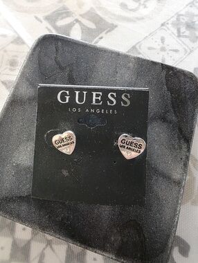 GUESS Los Angeles Silver Heart Logo Crystal Stud Earrings